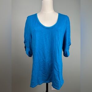 White House Black Market, twist sleeve, scoop neck, slub knit, size XL, blue